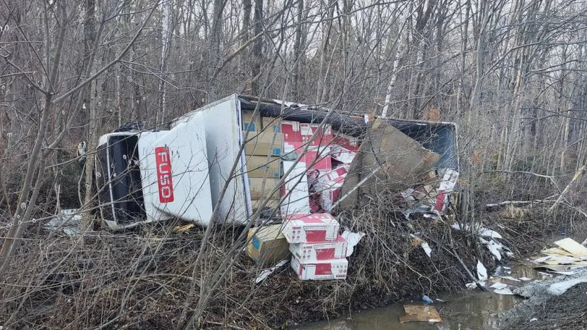 Грузовик Mitsubishi Fuso Canter перевернулся на трассе Хабаровск - Владивосток