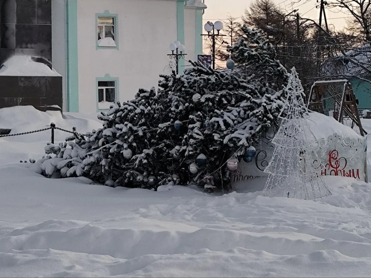 Штормовой ветер в Охотске уронил новогоднюю ёлку